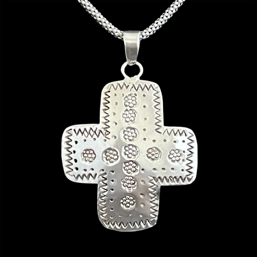 Vintage Taxco Mexico Large Sterling silver hand stamped cross pendant